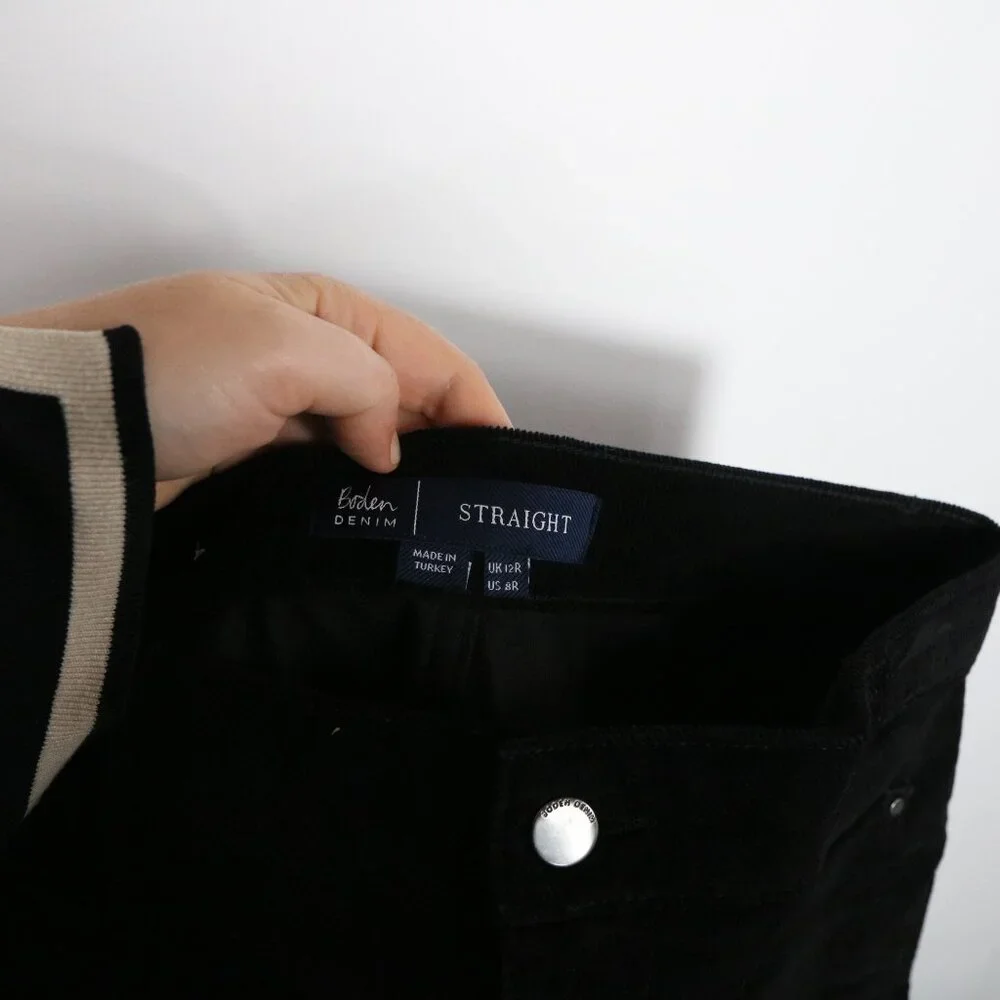 Boden Straight Leg Corduroy Jeans Womens 8 Black‎ Patch Pockets Ankle High Rise